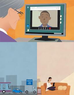 3 cartoon pictures. Top shows a video call taking place. Lower left depicts a road with bus, car and van. Lower right depicts a woman on a sofa holding a tablet.